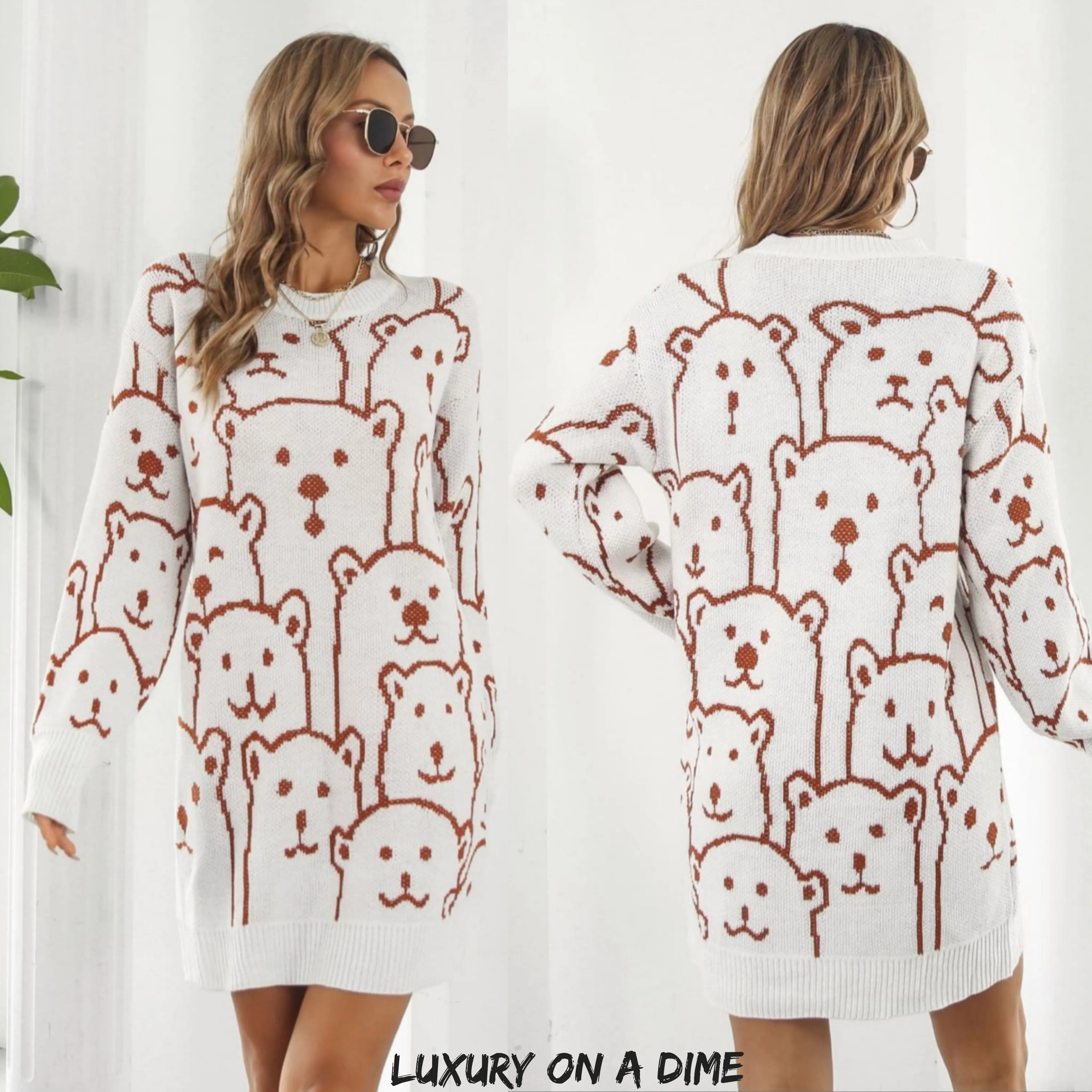 Polar Bear Round Neck Cozy Knit Long Sleeve Mini Sweater Dress