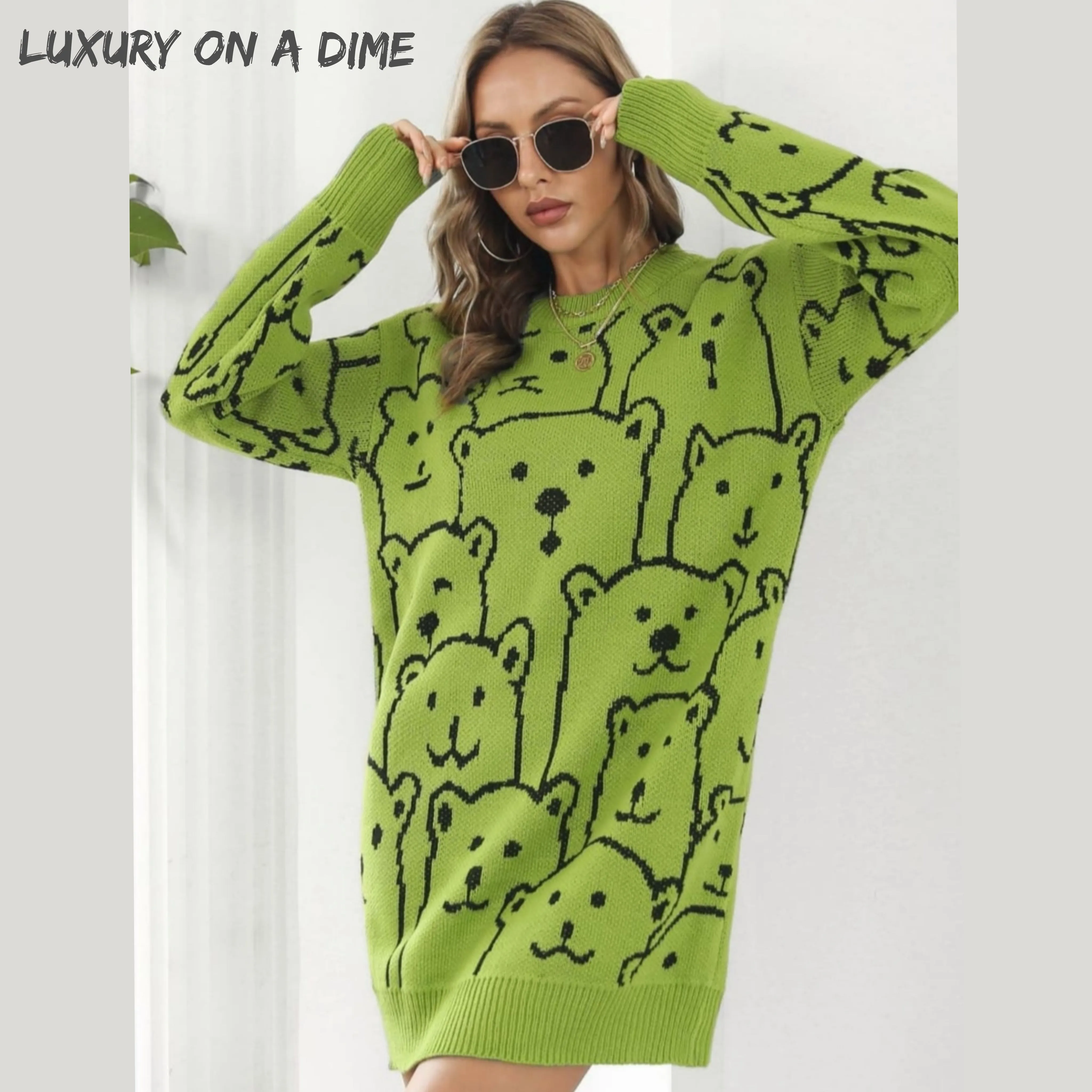 Polar Bear Round Neck Cozy Knit Long Sleeve Mini Sweater Dress