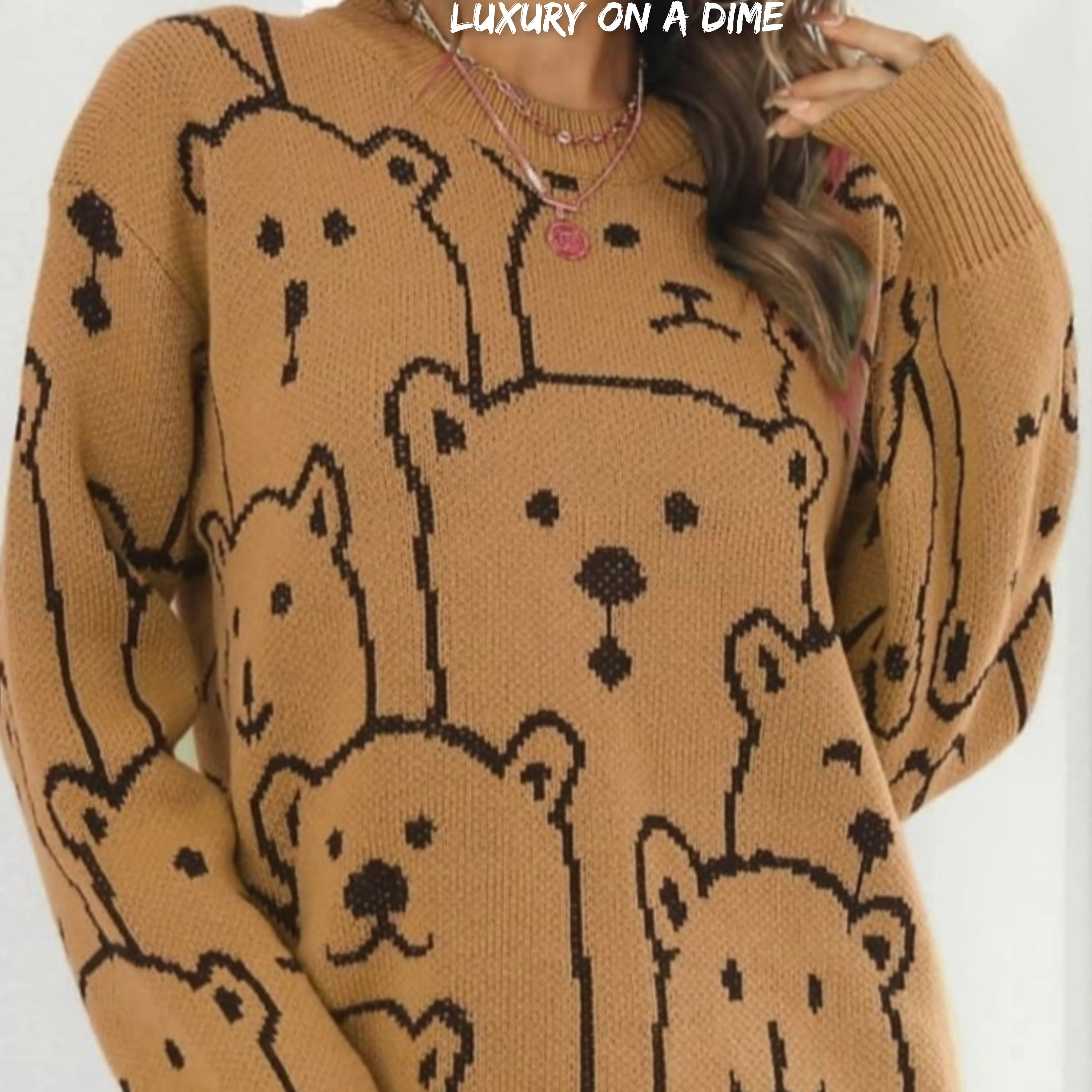 Polar Bear Round Neck Cozy Knit Long Sleeve Mini Sweater Dress