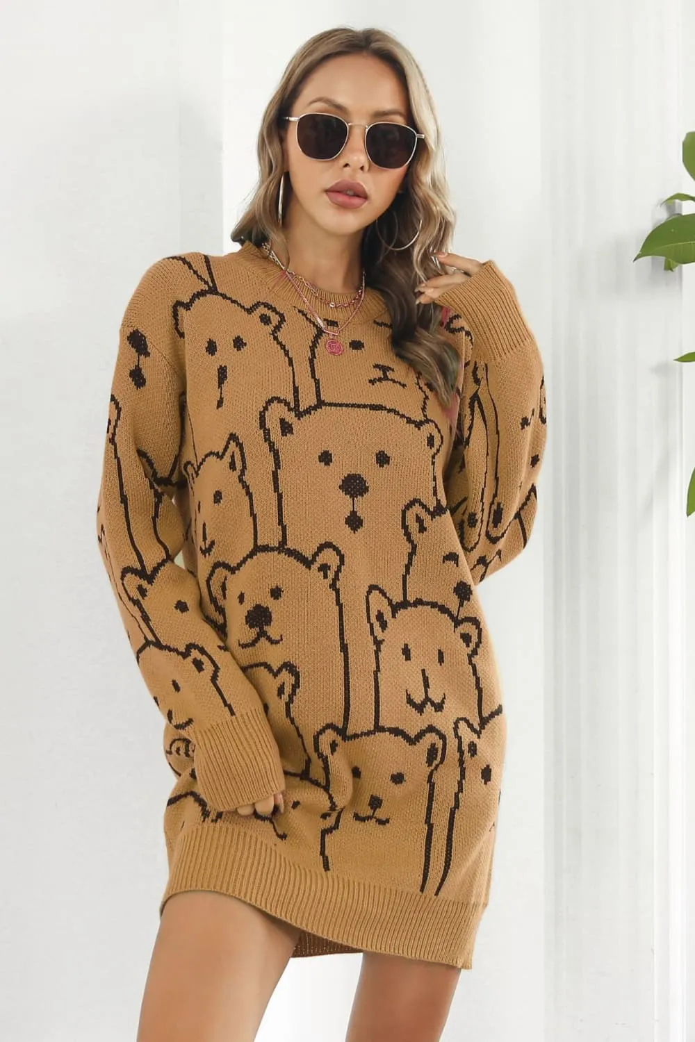 Polar Bear Round Neck Cozy Knit Long Sleeve Mini Sweater Dress