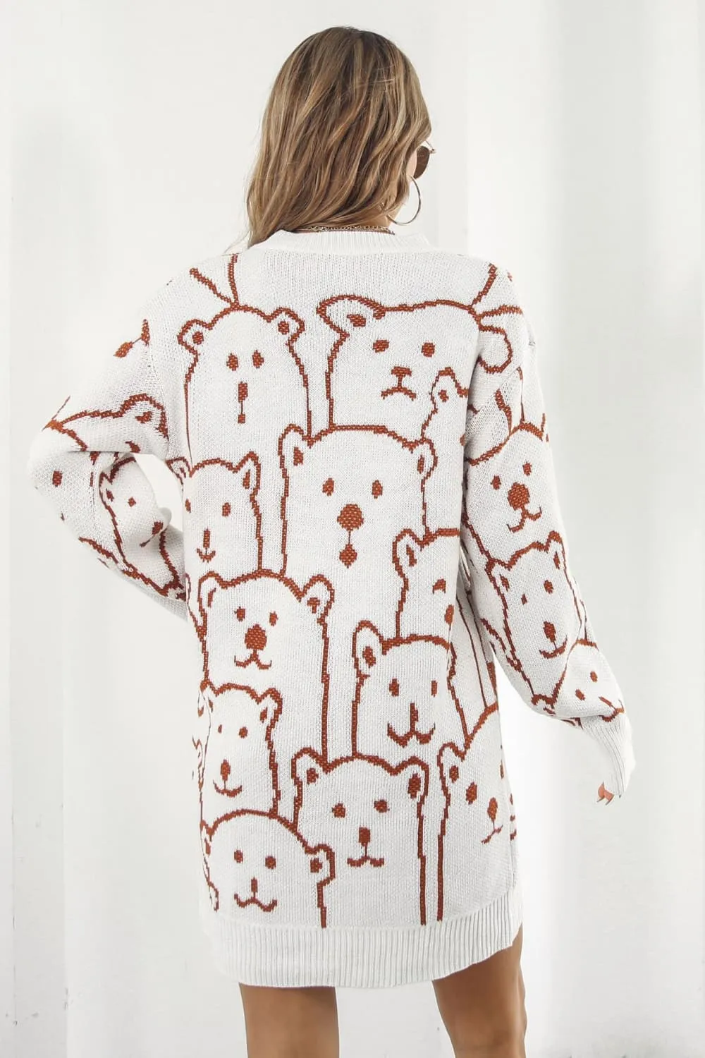 Polar Bear Round Neck Cozy Knit Long Sleeve Mini Sweater Dress