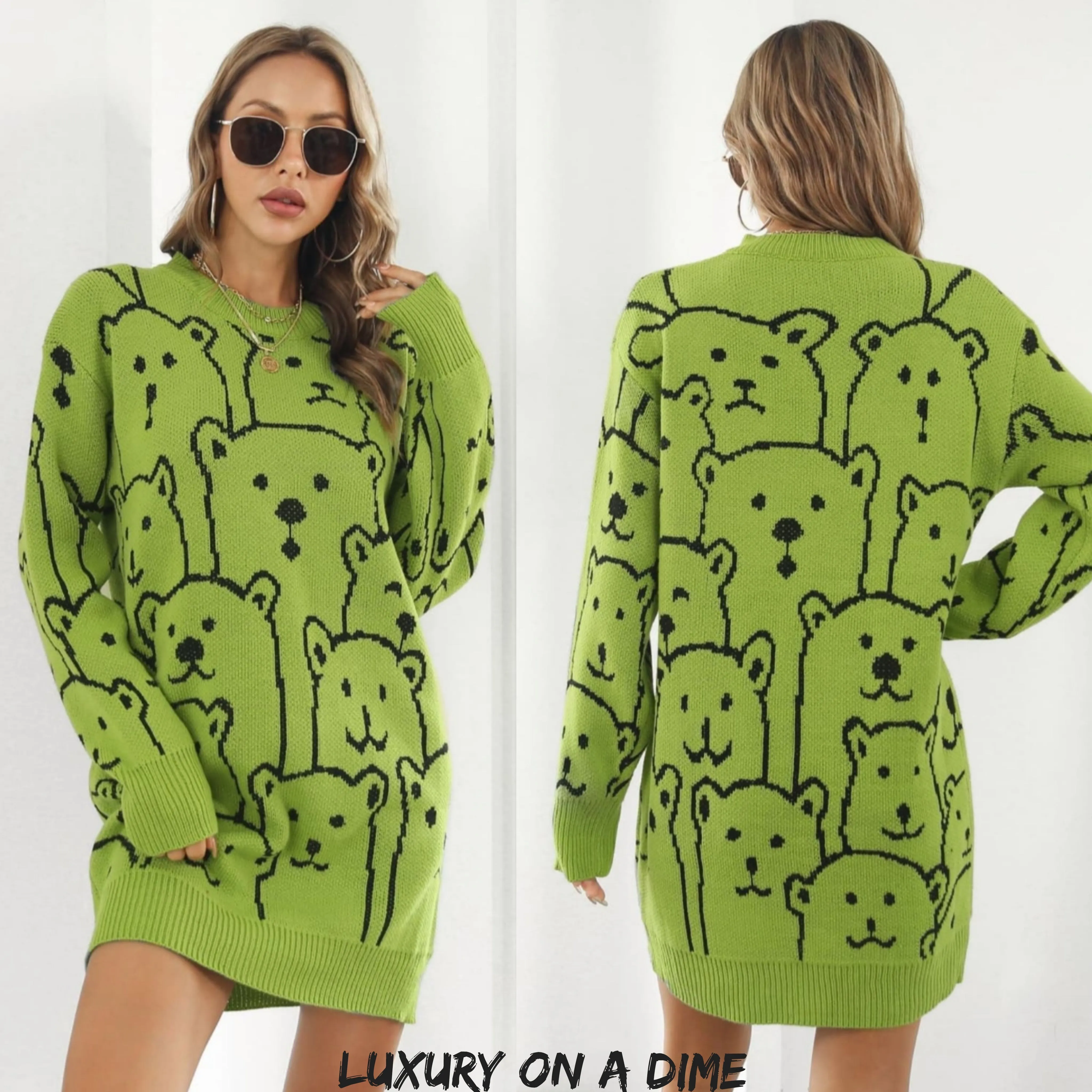 Polar Bear Round Neck Cozy Knit Long Sleeve Mini Sweater Dress