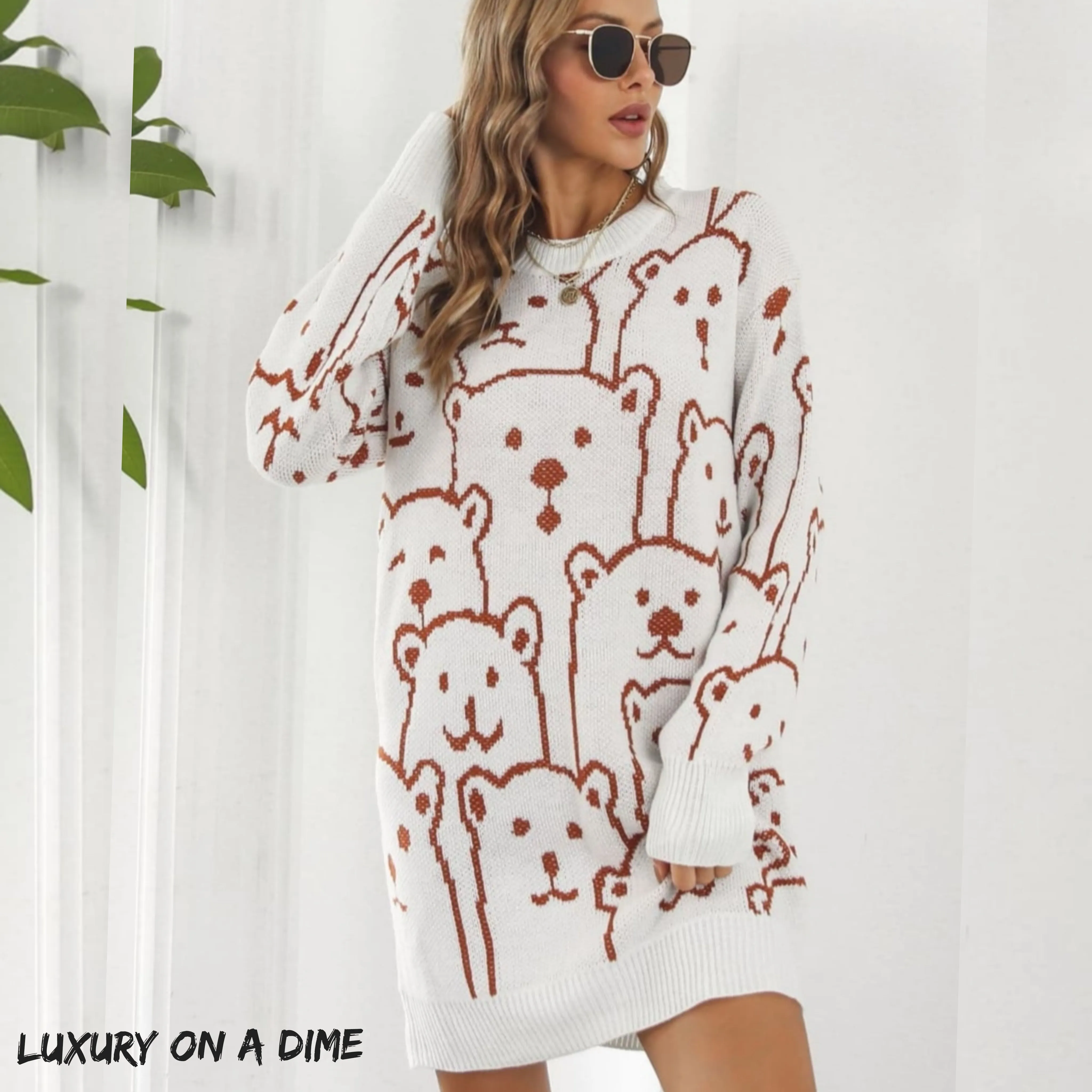 Polar Bear Round Neck Cozy Knit Long Sleeve Mini Sweater Dress