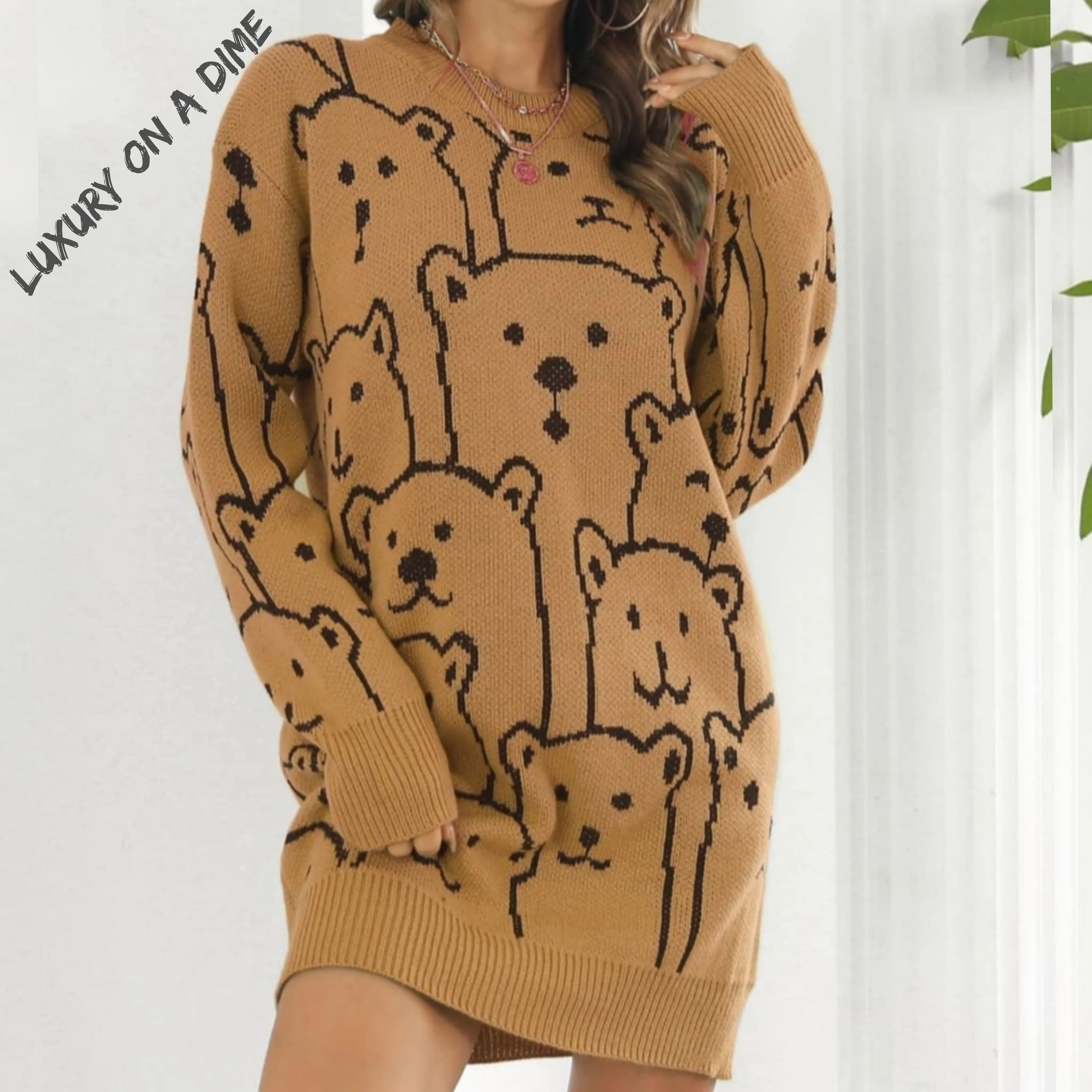 Polar Bear Round Neck Cozy Knit Long Sleeve Mini Sweater Dress