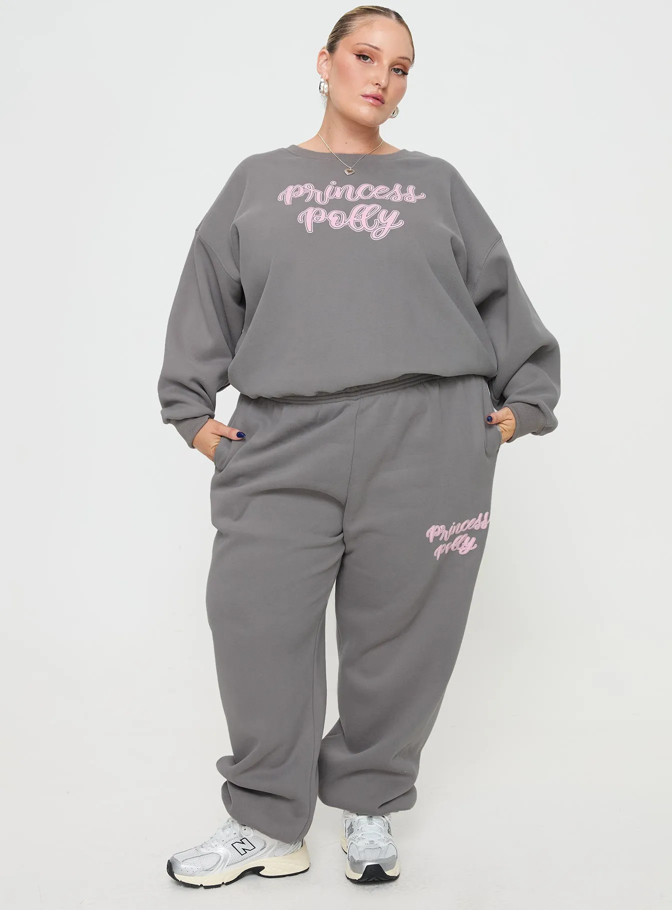 Princess Polly Crew Neck Sweatshirt Puff Text Charcoal Curve