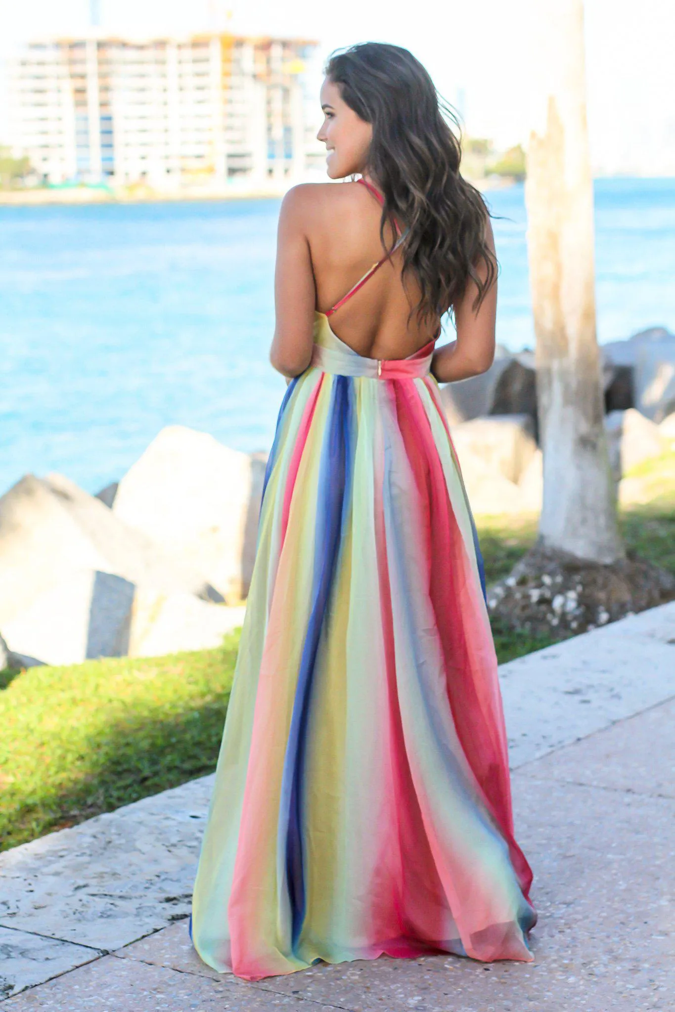 Rainbow Maxi Dress with Criss Cross Back