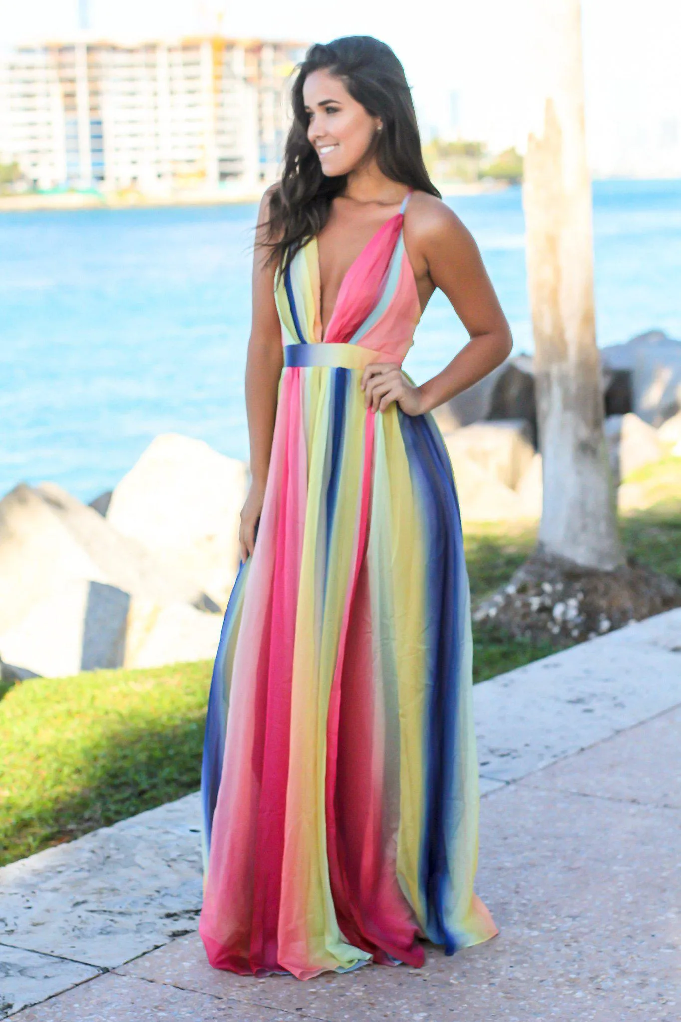 Rainbow Maxi Dress with Criss Cross Back