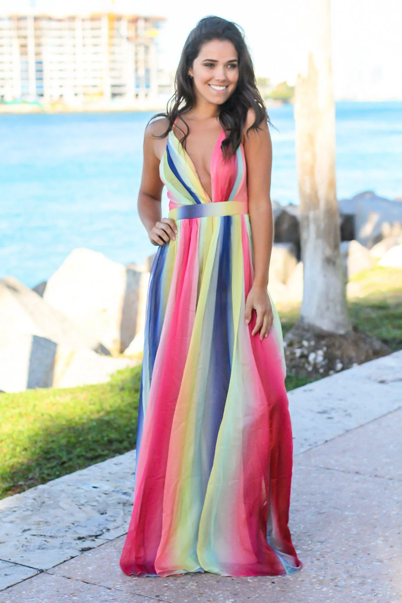 Rainbow Maxi Dress with Criss Cross Back