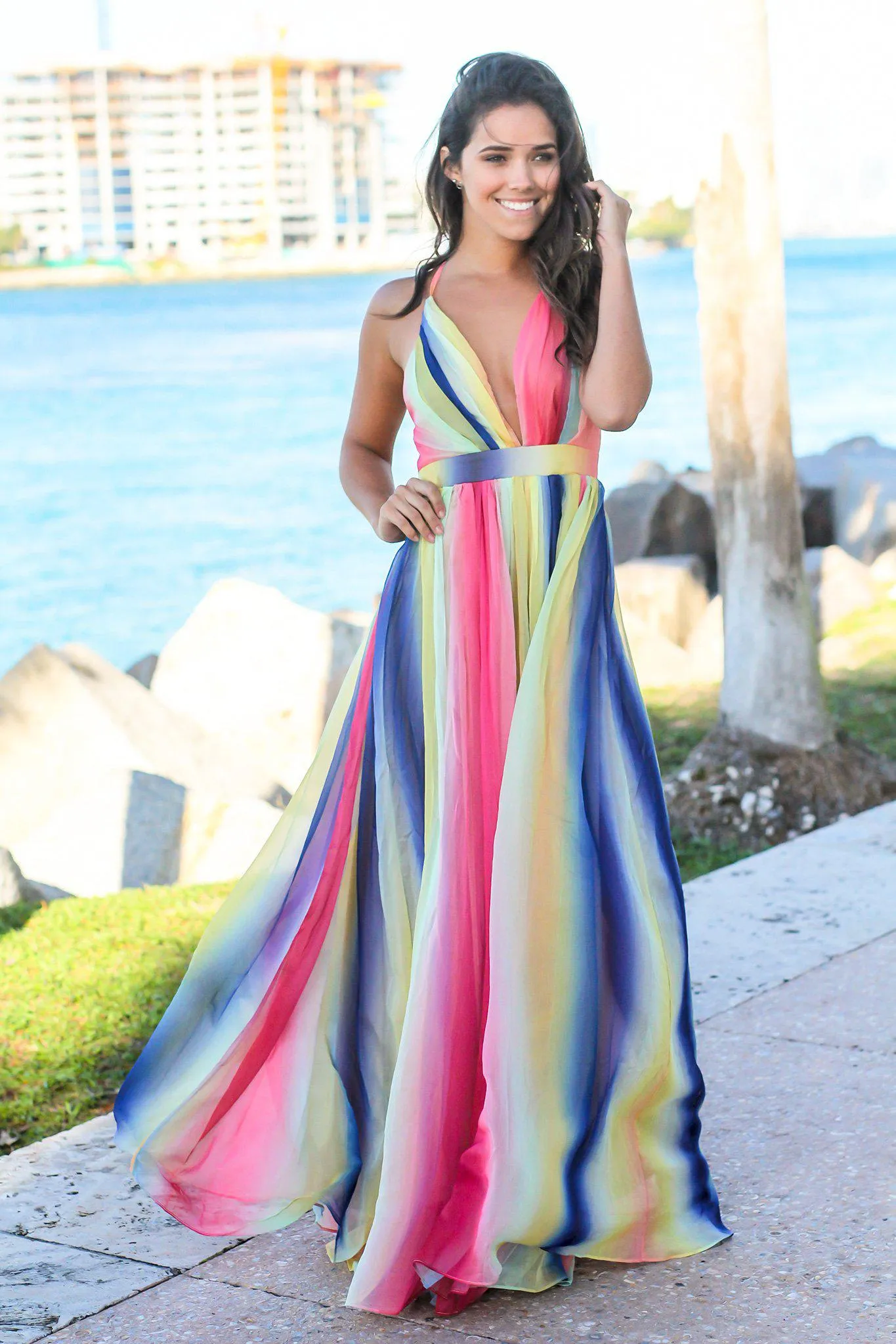 Rainbow Maxi Dress with Criss Cross Back