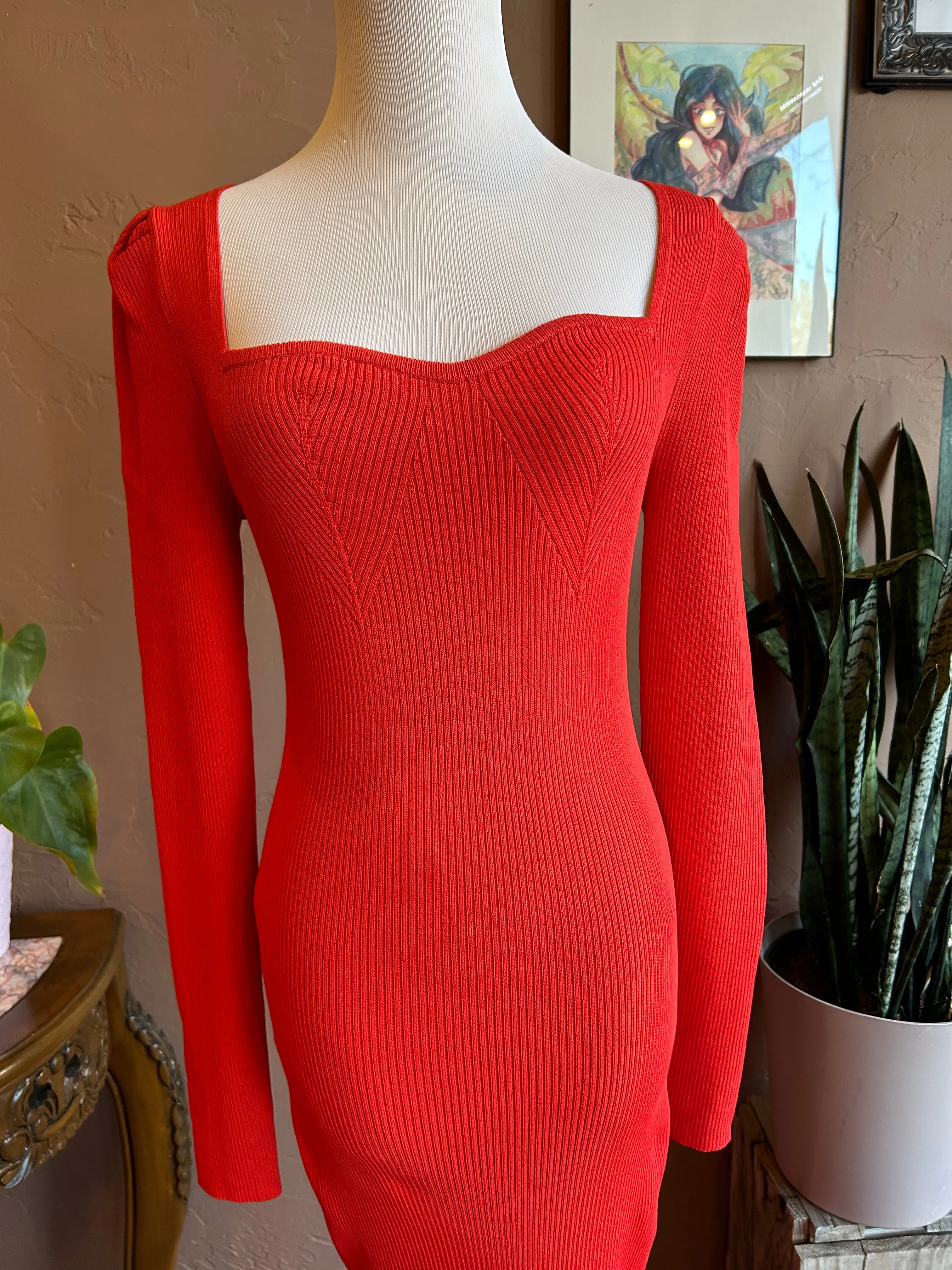 Red Mid Length Sweater Dress