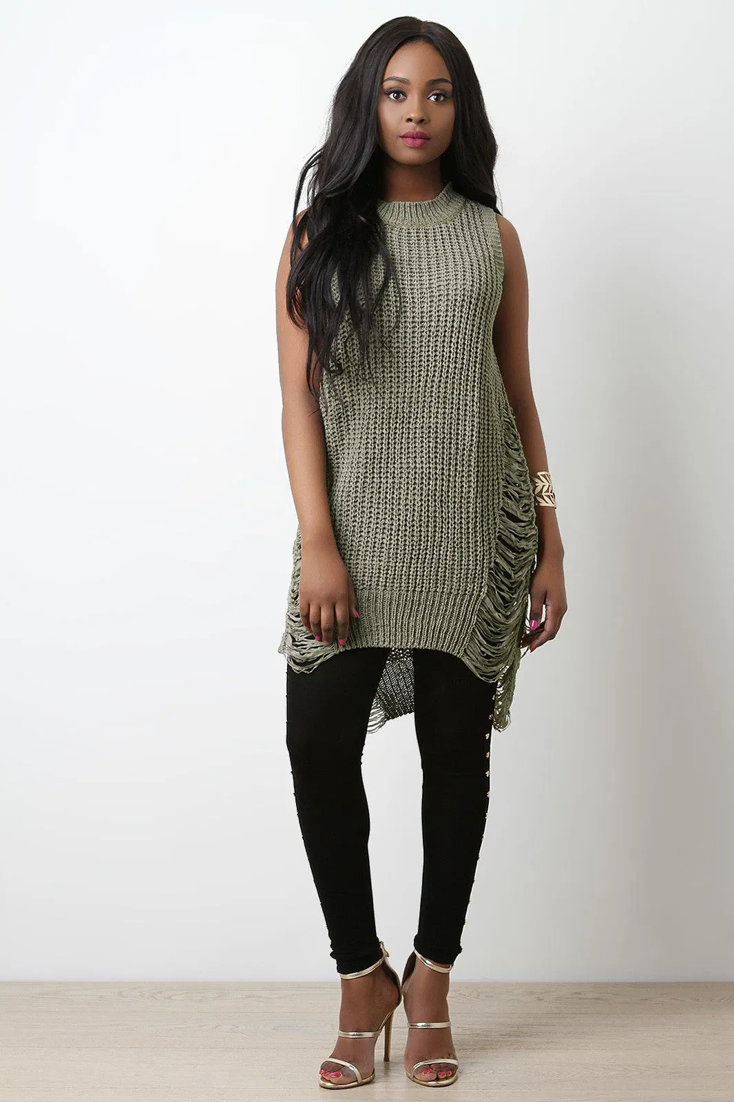 Sleeveless Shredded High Low Sweater Dress