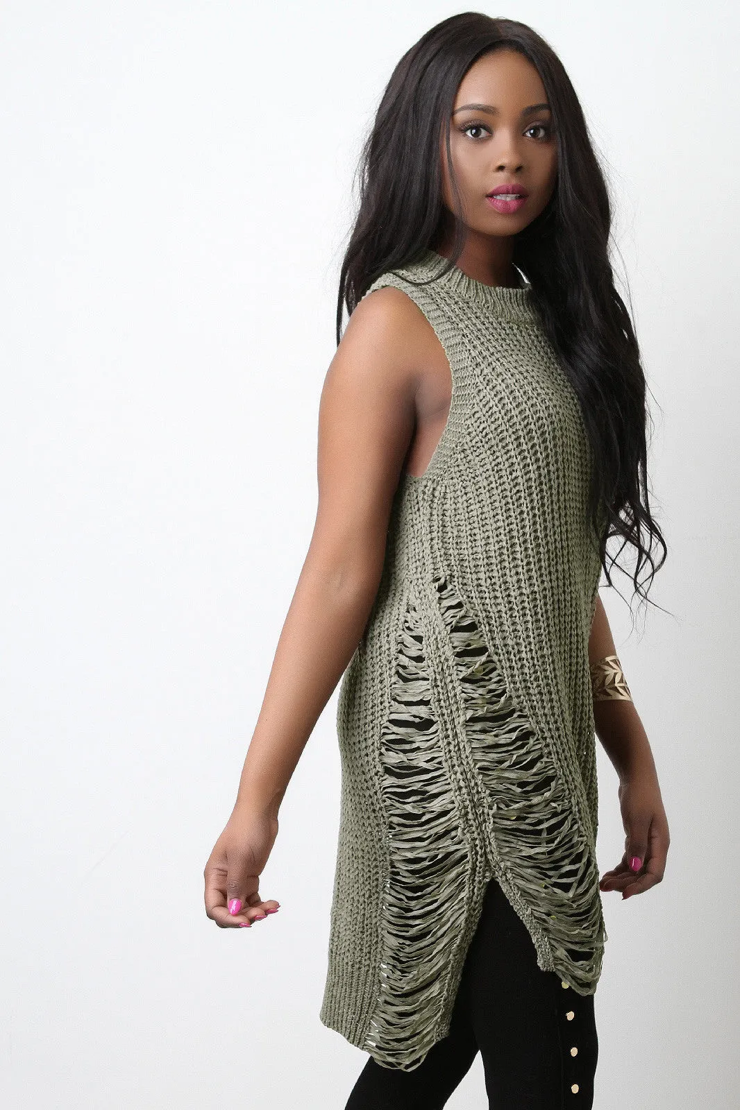 Sleeveless Shredded High Low Sweater Dress