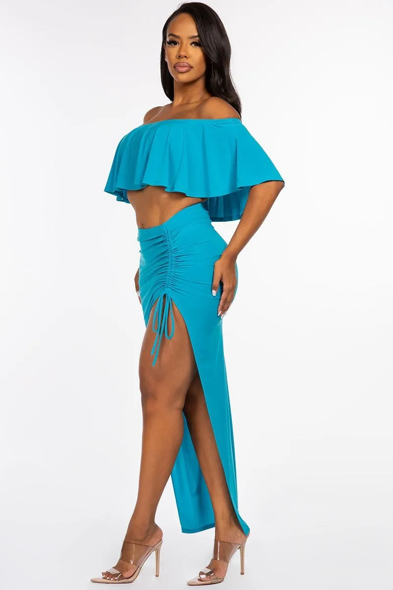 Solid Ity Off The Shoulder Ruffled Cropped Top And Ruched Maxi Skirt Set - 2 colors - Ships from The US