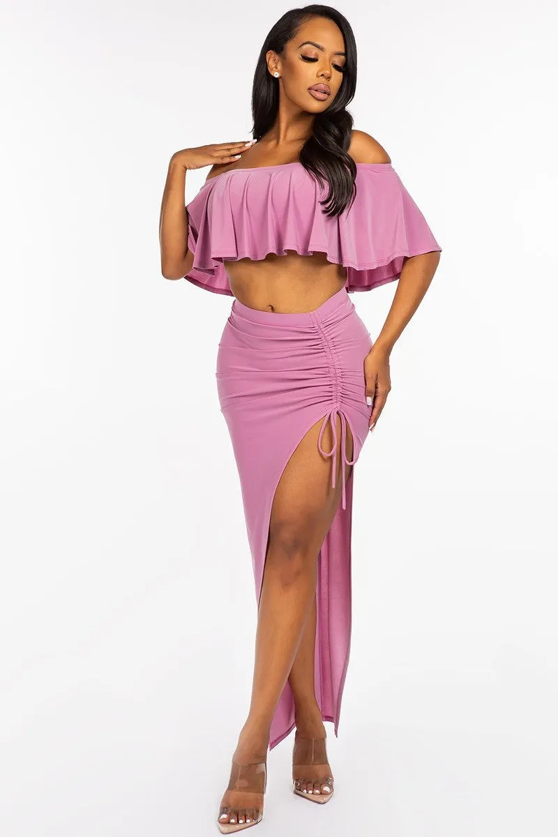 Solid Ity Off The Shoulder Ruffled Cropped Top And Ruched Maxi Skirt Set - 2 colors - Ships from The US