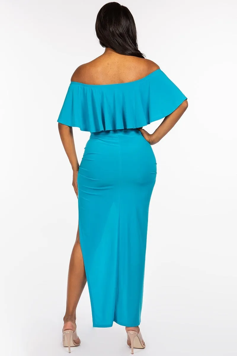 Solid Ity Off The Shoulder Ruffled Cropped Top And Ruched Maxi Skirt Set - 2 colors - Ships from The US