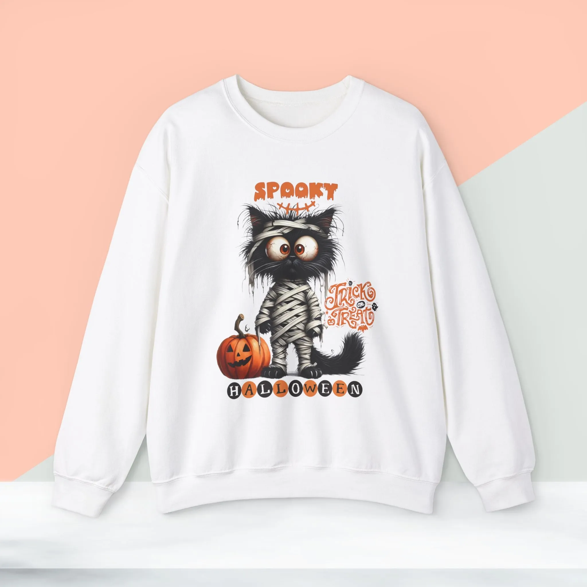 Spooky Halloween Cat Sweatshirt, Happy Halloween Sweatshirt - Unisex Heavy Blend Crewneck, Halloween Sweatshirt, Cute Spooky Ghost sweatshirt.
