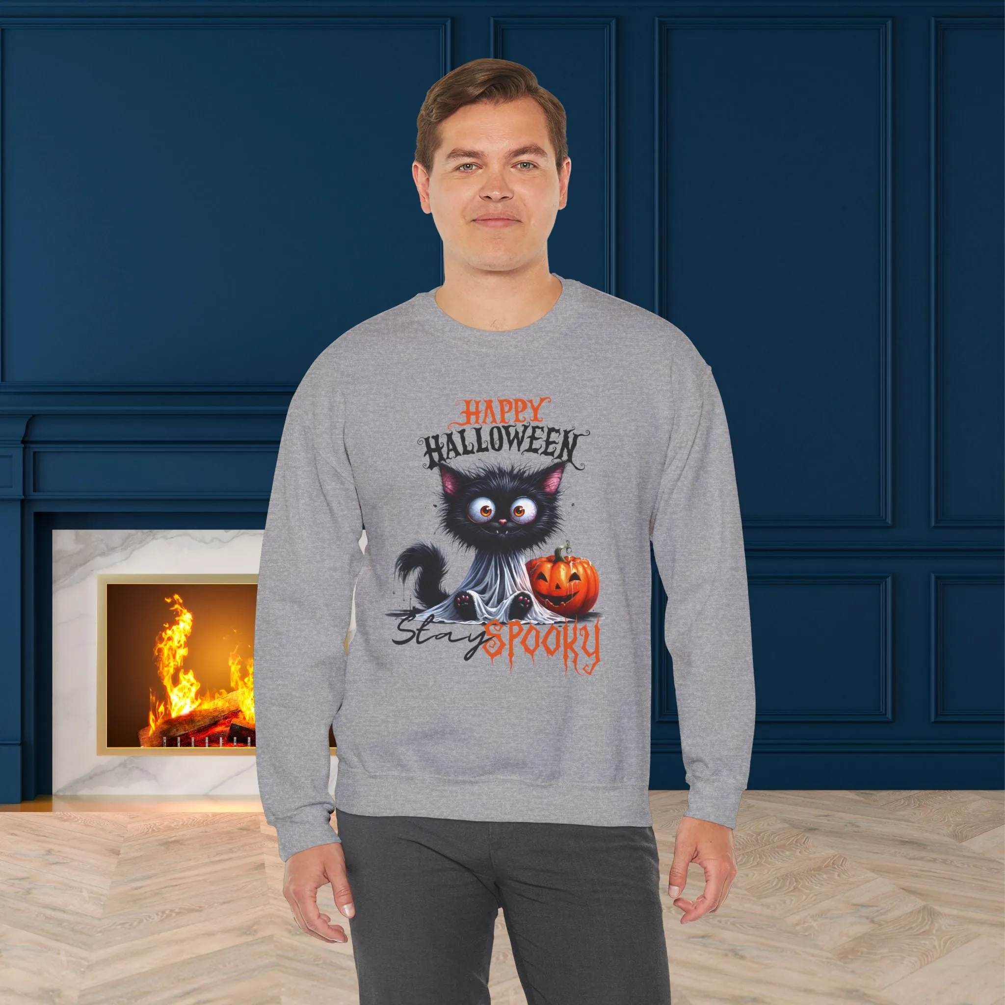 Stay spooky Halloween Sweatshirt - Unisex Heavy Blend Crewneck, halloween sweatshirt, cute spooky cat sweatshirt.