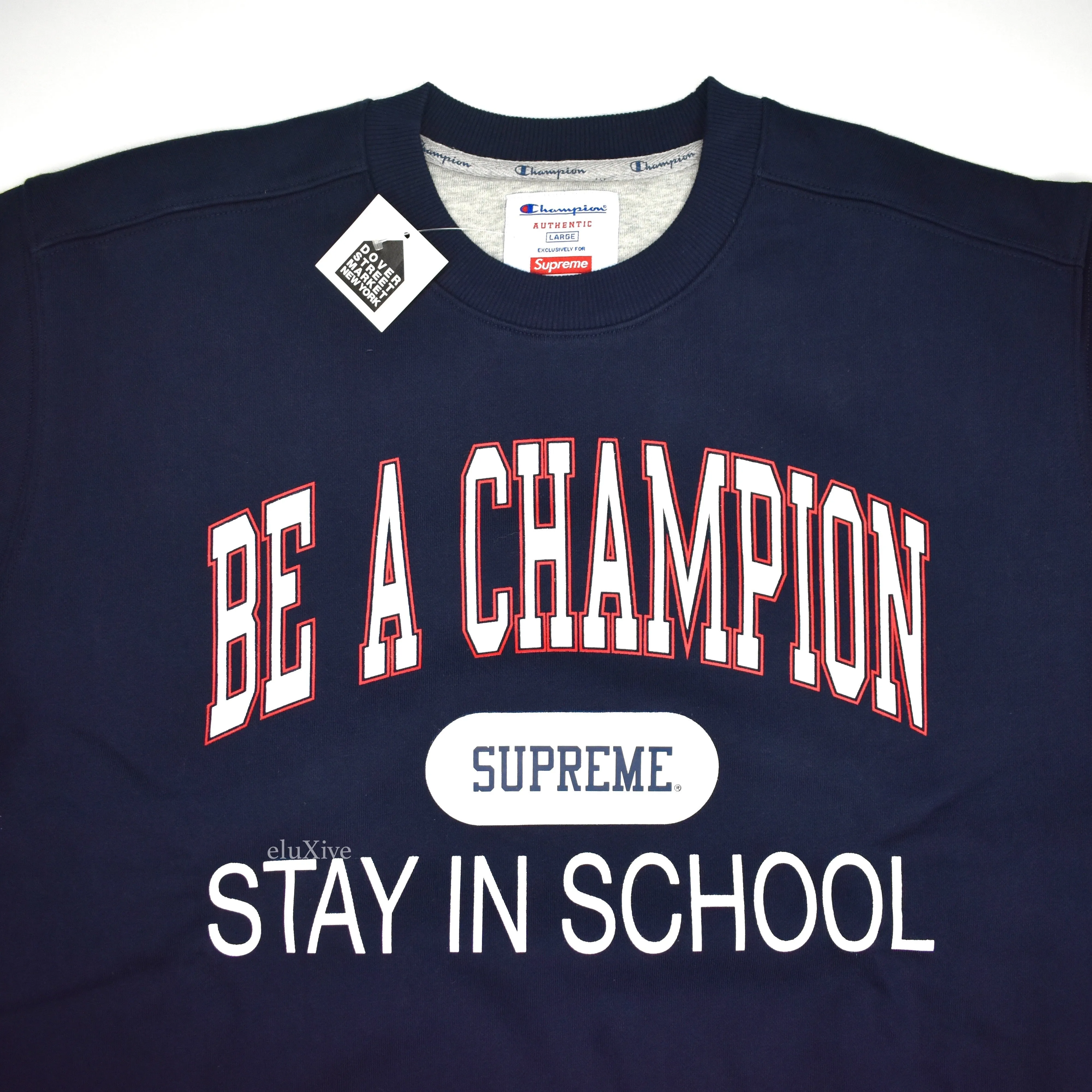 Supreme x Champion - Navy 'Stay in School' Logo Sweatshirt