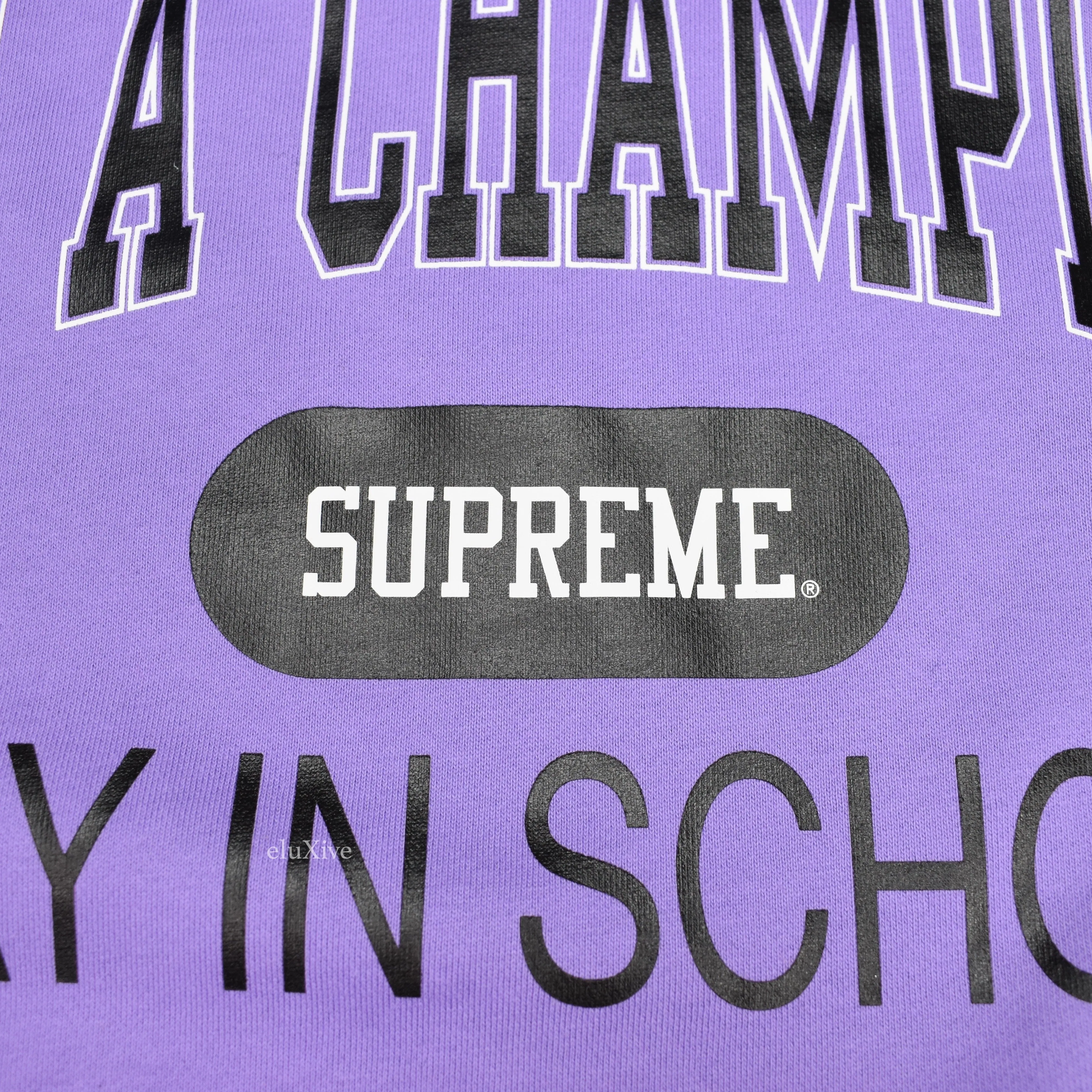 Supreme x Champion - Purple 'Stay in School' Logo Sweatshirt