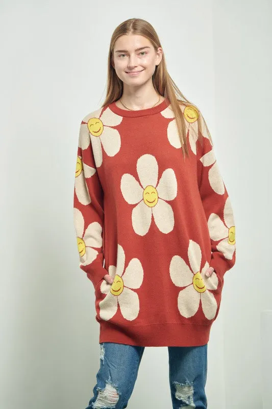 TEEK - HAPPY FACE FLORAL KNIT SWEATER