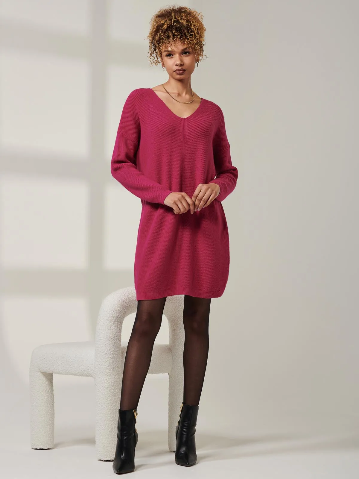 V-Neck Ribbed Knit Tunic Jumper, Raspberry