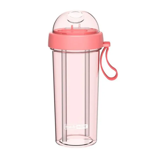 YMEEI 600ML Dual Straw Separate Drink Water Bottle Portable Beverage Bottle Couples Food Grade Plastic Anti-leak Water Bottle