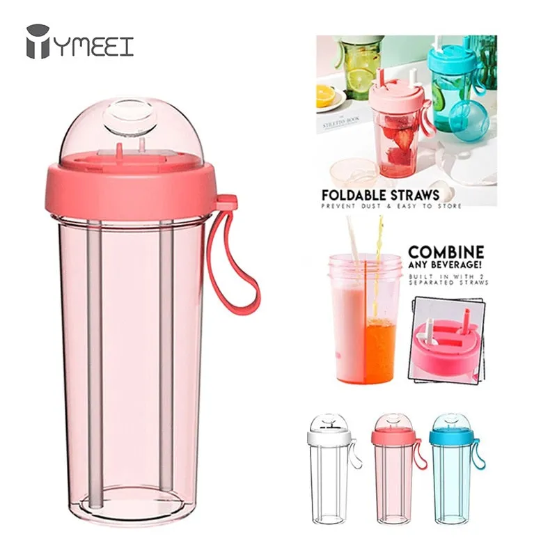YMEEI 600ML Dual Straw Separate Drink Water Bottle Portable Beverage Bottle Couples Food Grade Plastic Anti-leak Water Bottle